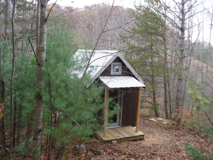 Tiny House in a Landscape - a small wooden cabin with a metal roof and a small wooden cabin