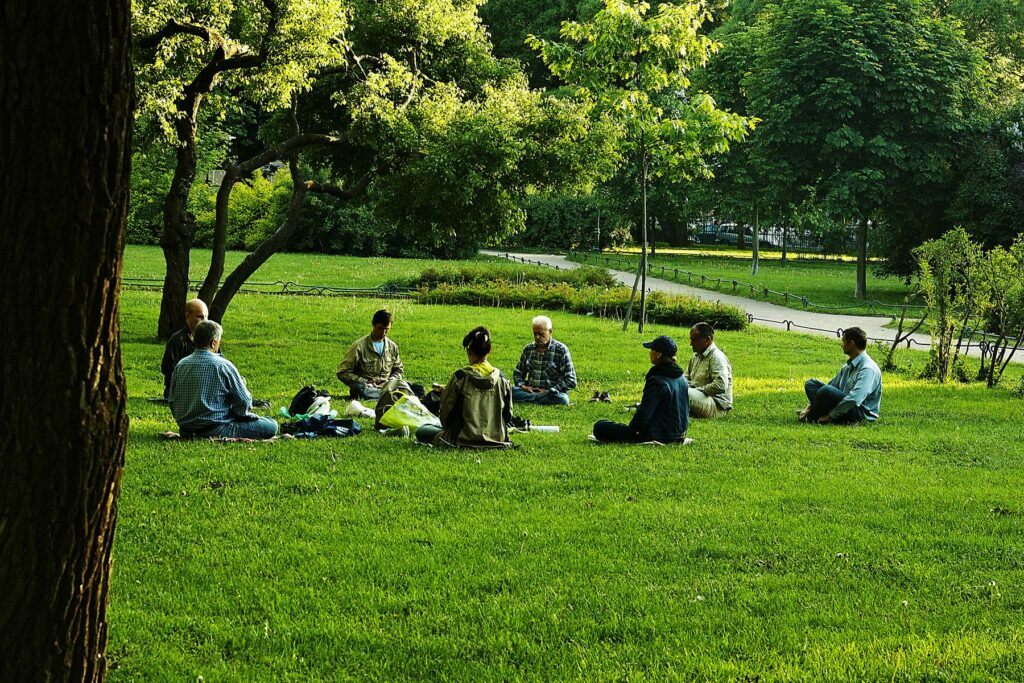 File:A group meditation session in a park in a yoga asana.jpg - a group of people sitting on the gra