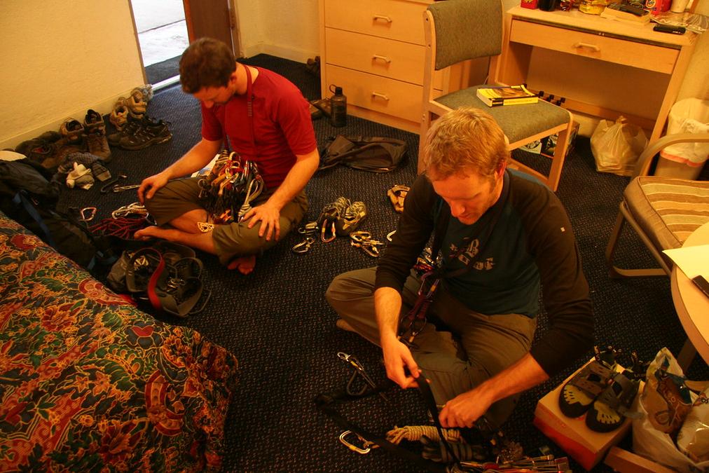 rock climbing trip to Smith Rock, Oregon.. Cam & David.. gear ready for next morning.. - Image of tr